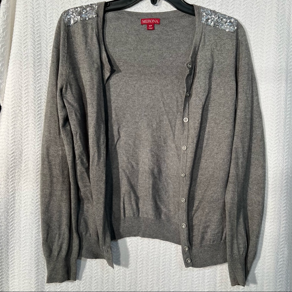 merona / grey button up crew neck sweater with silver sequins